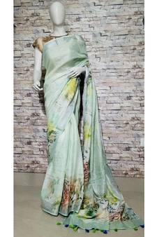 Green Floral Print Linen Saree