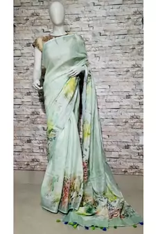 Green Floral Print Linen Saree