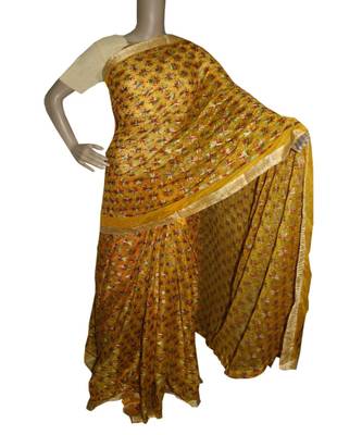 Dark Yellow woven Phulkari Saree 1