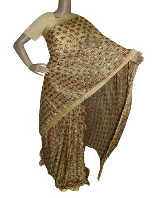 Beige woven Phulkari Saree 1