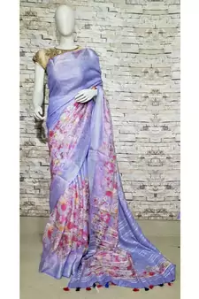 Blue Floral Print Linen Saree