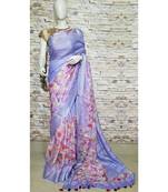 Blue Floral Print Linen Saree