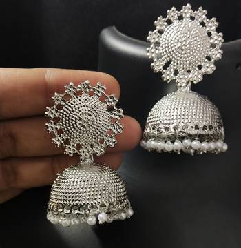 Designer Ethnic Indian Bollywood All Occasion Silver Plated Pearl Jhumkas 1