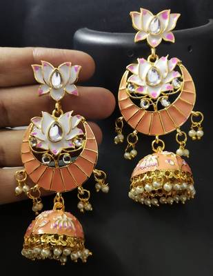 Designer Ethnic Indian Bollywood Peech Pink Lotus Chandbali Jhumki Earrings 1