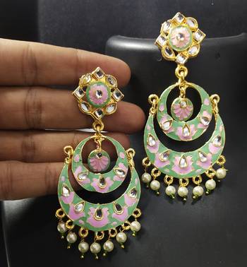 Designer Meenakari Green Pink Kundan Pearl Chandbali Earrings Set 1