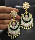 Designer Meenakari Green Pink Kundan Pearl Chandbali Earrings Set
