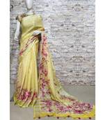 Yellow Floral Print Linen Saree