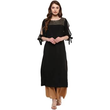 Women's Black Colour 3/4Th Sleeve Crepe Straight Kurta 1