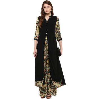 Women's Black Colour 3/4Th Sleeve Rayon Flared Kurta And Palazzo 2