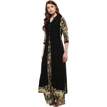 Women's Black Colour 3/4Th Sleeve Rayon Flared Kurta And Palazzo 4