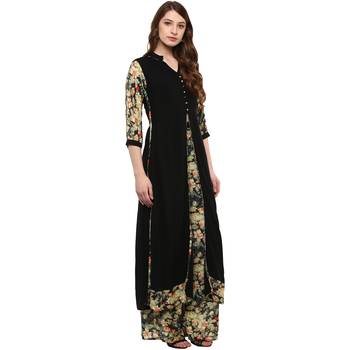 Women's Black Colour 3/4Th Sleeve Rayon Flared Kurta And Palazzo 5