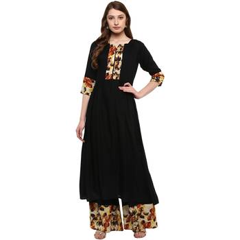 Women's Black Colour 3/4Th Sleeve Rayon Flared Kurta And Palazzo 1