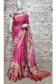 Pink Floral Print Linen Saree