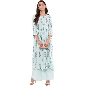 women's Summer Blue color Flared Crepe Floral Print Kurta 2