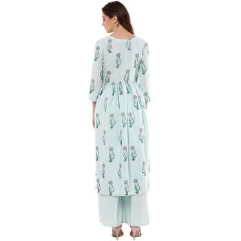 women's Summer Blue color Flared Crepe Floral Print Kurta 3