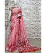 Pink Floral Print Linen Saree