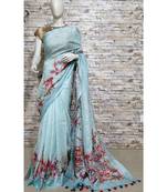 Blue Floral Print Linen Saree