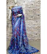 Blue Floral Print Linen Saree
