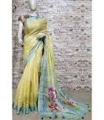Yellow Floral Print Linen Saree