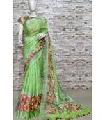 Green Floral Print Linen Saree
