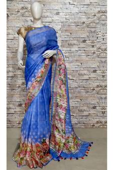 Blue Floral Print Linen Saree