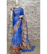 Blue Floral Print Linen Saree