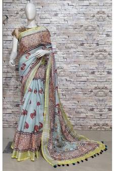 Multicolor Floral Print Linen Saree