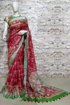 Red Floral Print Linen Saree