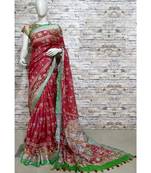 Red Floral Print Linen Saree
