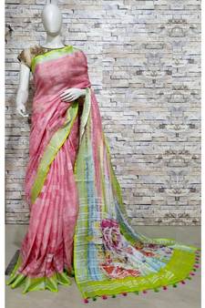 Pink Floral Print Linen Saree