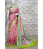 Pink Floral Print Linen Saree
