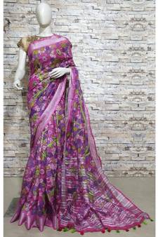 Pink Floral Print Linen Saree