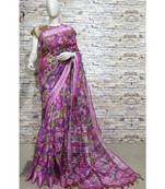 Pink Floral Print Linen Saree