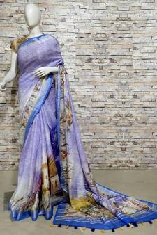 Blue Floral Print Linen Saree