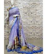 Blue Floral Print Linen Saree