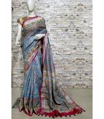 Grey Floral Print Linen Saree