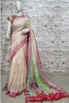 Cream Floral Print Linen Saree