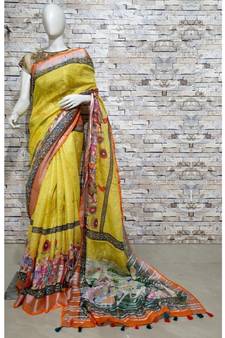 Yellow Floral Print Linen Saree