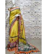 Yellow Floral Print Linen Saree
