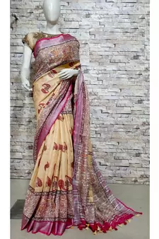 Multicolor Floral Print Linen Saree