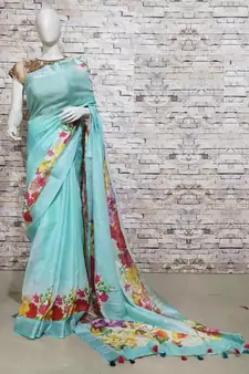 Turquoise Floral Print Linen Saree