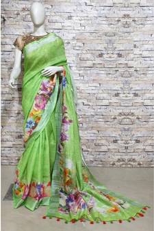 Green Floral Print Linen Saree