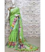 Green Floral Print Linen Saree