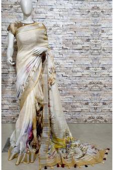 Cream Floral Print Linen Saree