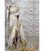Cream Floral Print Linen Saree