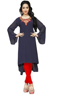 Navy Blue Color Embroidery Georgette Kurti Top For Women 1