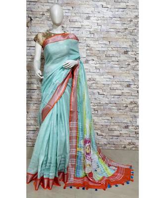Turquoise Hand Woven Poly Silk Handloom Sarees 1