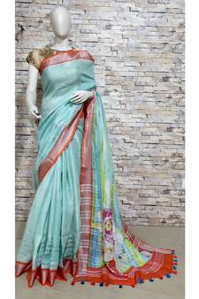 Turquoise Floral Print Linen Saree