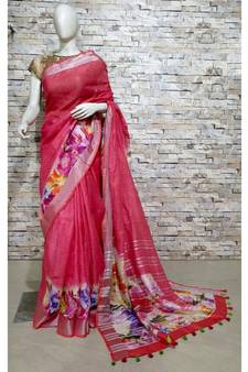 Pink Floral Print Linen Saree