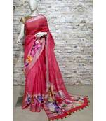 Pink Floral Print Linen Saree